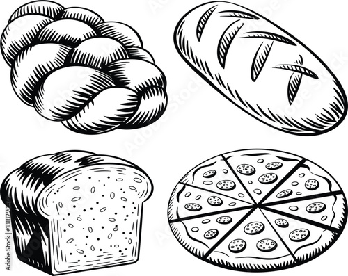 Bread and pizza engraved set, vintage challah, loaf, whole grain bread, bakery food sketch vector