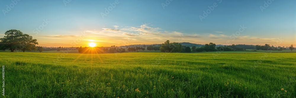 Obraz premium Sunrise over a lush green grass field, ideal for outdoor activities and recreation, Earth Day