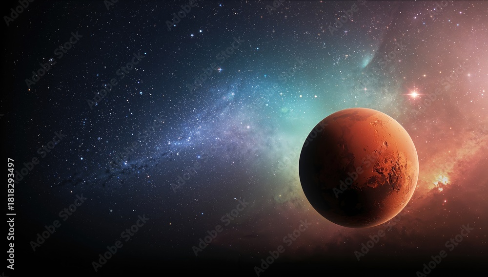 Fototapeta premium Mars, the red planet of the solar system set against a colorful starry sky, emphasizing planetary composition and atmospheric conditions