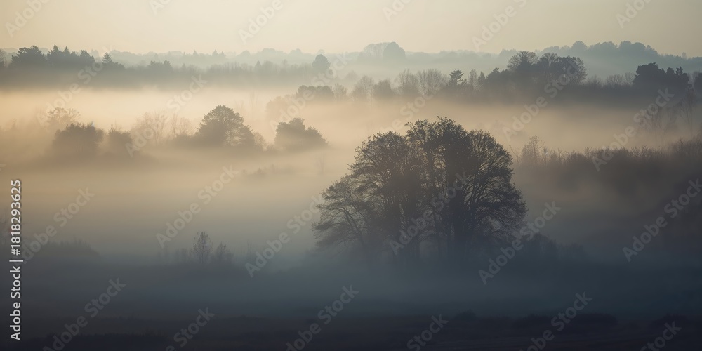 Obraz premium Tree silhouettes in a foggy woodland during early morning, ideal for nature scene backgrounds