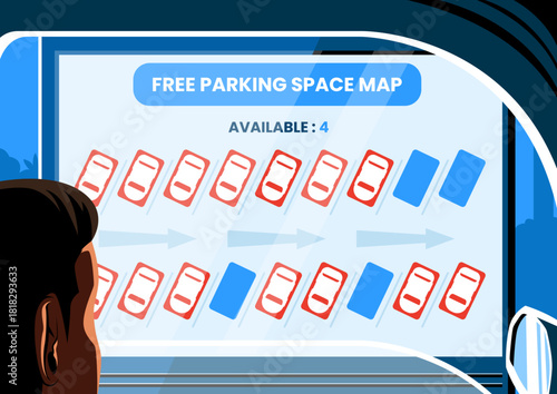 Smart Parking System Vector Illustration. Driver uses digital map on screen to find available free parking space slots easily.