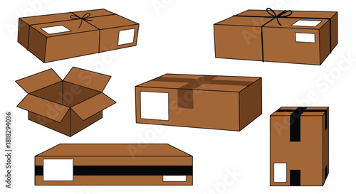 Shipping essentials six brown cardboard boxes with tape and labels