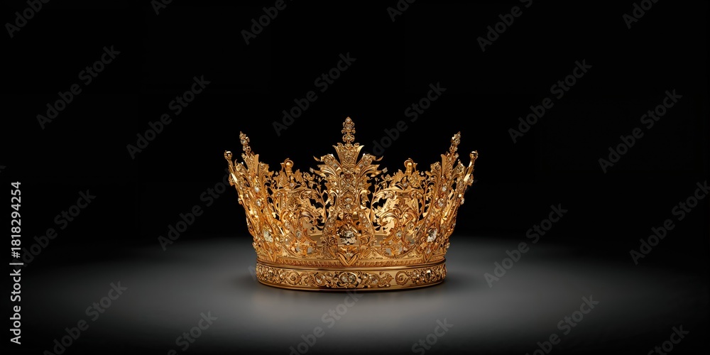 Obraz premium Golden crown with intricate design on black background, emphasizing regal authority and craftsmanship