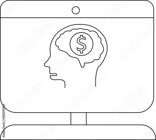 Monitor displays a head outline with a dollar sign in the brain suggesting financial focus