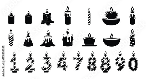 Black and white candle icons and birthday number set vector design