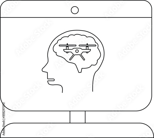 Monitor displays head profile with a drone inside the brain shape Minimalist line art
