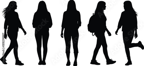 Silhouette of people walking and standing in casual postures, backpack, street style, motion pose, urban lifestyle, body language