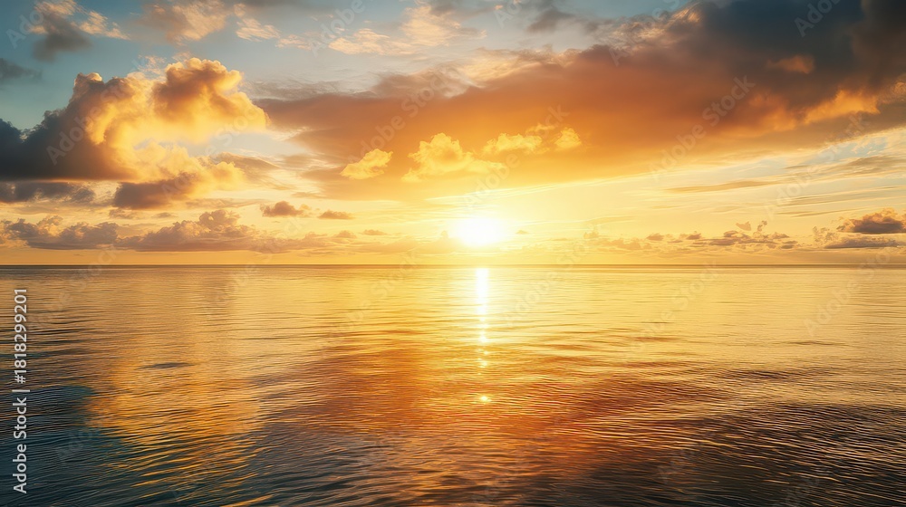 Fototapeta premium Stunning golden hour sunset over the tranquil sea, with warm light reflecting on the water and dramatic clouds