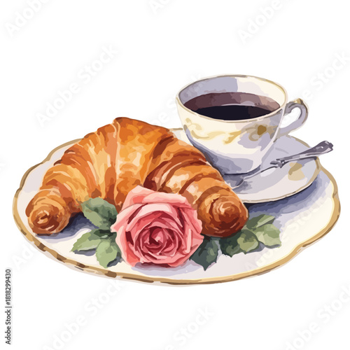 Watercolor Breakfast Still Life Croissant Rose and Coffee Cup on Plate