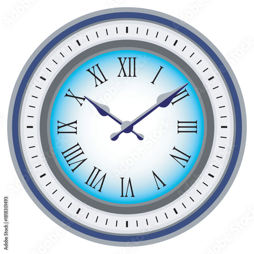 A classic wall clock featuring roman numerals and dark blue hands