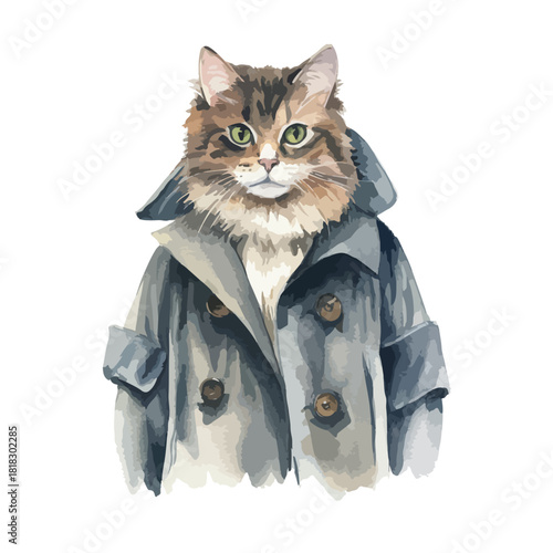 Watercolor Cat Portrait Fluffy Feline in a Buttoned BlueGray Trench Coat