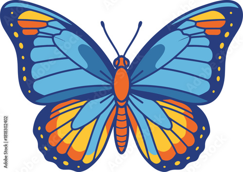 Blue and orange butterfly illustration with detailed wings isolated on transparent background
