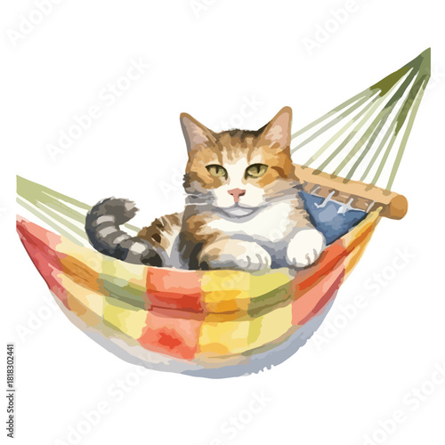 Watercolor Cat Relaxing in a Striped Hammock with Contented Expression