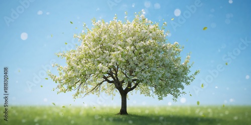 White flowers bloom on pear tree branches amid vibrant green leaves under a clear blue sky, emphasizing springtime renewal