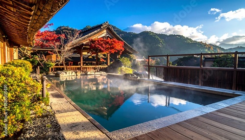 秋の露天風呂　日本の旅館の温泉