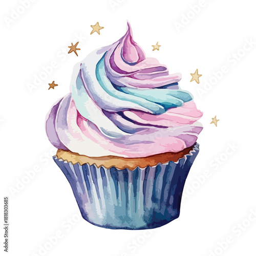 Watercolor cupcake with pastel frosting and golden star accents sweet treat