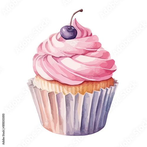 Watercolor Cupcake with Pink Frosting and a Single Cherry on Top