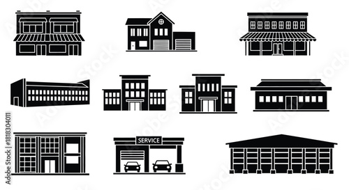 Outline buildings illustrate diverse real estate and city architecture