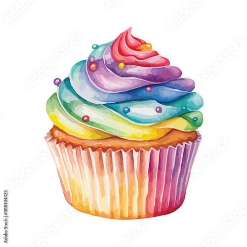 Watercolor cupcake with rainbow frosting and colorful sprinkles a sweet treat