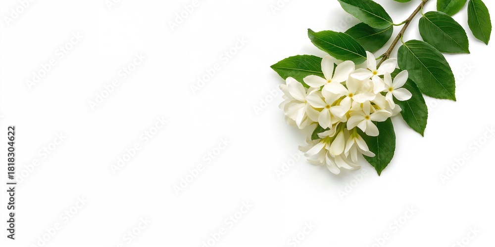 Fototapeta premium Jasmine flowers and leaves arranged on a white surface, suitable as a floral background for text or design projects