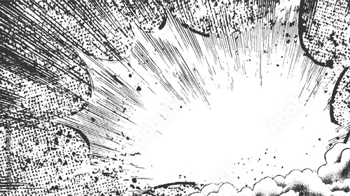 Black and white comic book explosion burst with speed lines and halftone dots vector