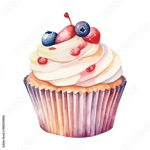 Watercolor Cupcake with Swirled Frosting and Fresh Berries on Top