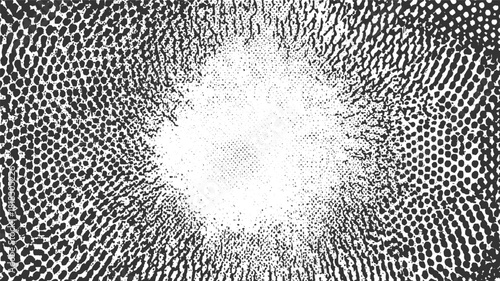Black and white abstract pattern of radiating dots and irregular shapes vector