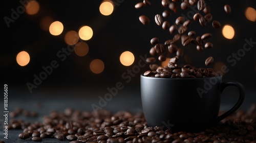 Coffee Beans Falling into Black Cup with Blurred Lights Background