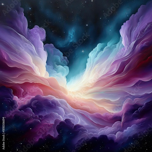 A vibrant, swirling cosmic nebula with ethereal clouds in shades of purple, pink, blue, and white, illuminated by a bright central light and dotted with distant