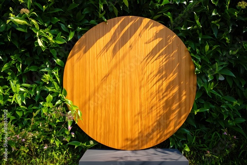Textured golden orb sculpture against lush green foliage