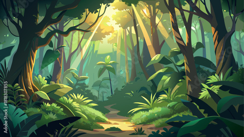 Mystical rainforest illuminated by soft golden rays breaking through dense jungle canopy, filled with lush emerald foliage