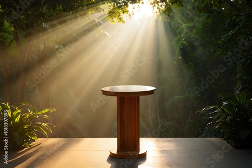 Sunbeams illuminating a wooden pedestal in a lush garden setting