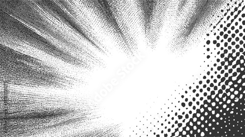 Black and white abstract radial burst pattern with halftone dots background