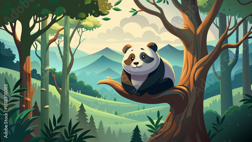 Adorable panda curled up on a high tree limb in a misty Chinese forest, calm and serene wildlife moment in Sichuan