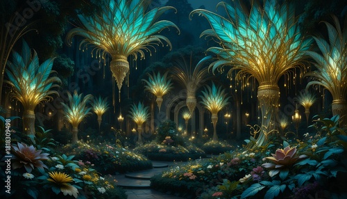 Mystical glowing oversized plants illuminating dark enchanted forest with magical ambiance and