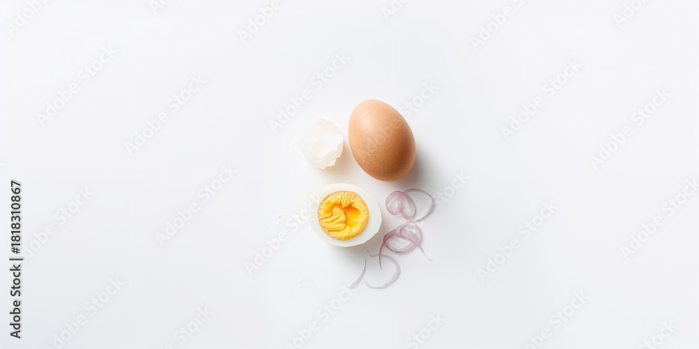 Fototapeta premium Peeled boiled egg with sliced half on a white background, suitable for food menu design, emphasizing natural and healthy ingredients