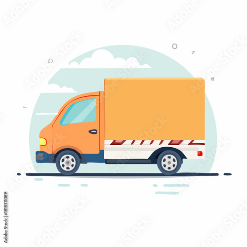 Orange Delivery Truck Illustration with Sky and Clouds for Logistics and Transportation