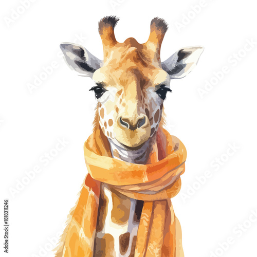 Watercolor Giraffe Portrait with Orange Scarf Artistic Animal Illustration