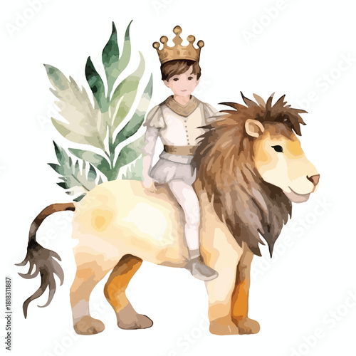Watercolor Illustration of a Crowned Boy Riding a Majestic Lion with Foliage