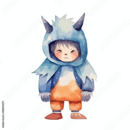 Watercolor Illustration of a Grumpy Child in a Blue Monster Costume with Horns