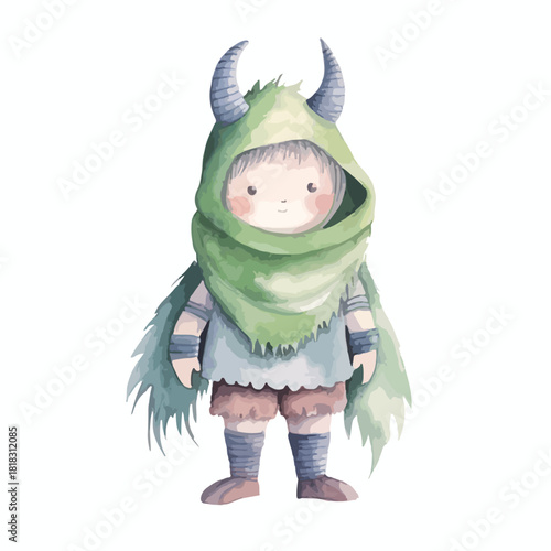 Watercolor Illustration of a Horned Child in a Green Hooded Cape