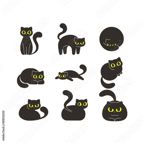 Adorable black cat characters and feline poses. Minimalist flat doodle pet elements for animal lover branding, spooky season decor, and creative storytelling projects.