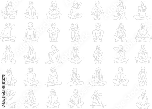 Intricate black and white line art pattern of repeating buddha statues in meditation pose