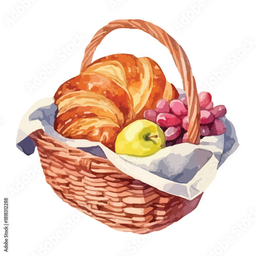Watercolor Illustration of a Woven Basket Filled with Fresh Croissants Grapes and Apple