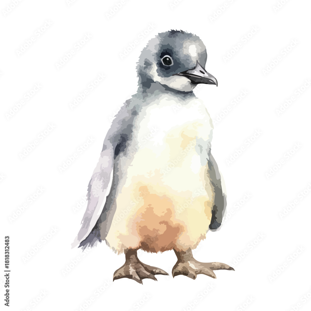 Fototapeta premium Watercolor Illustration of a Young Penguin with Detailed Feather Textures