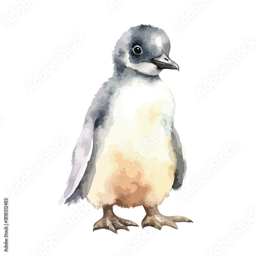 Watercolor Illustration of a Young Penguin with Detailed Feather Textures