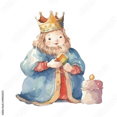 Watercolor King with Golden Crown and Gift Beside a Candle