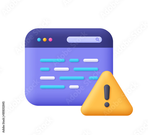 Purple web browser window with code lines and a yellow warning triangle with exclamation mark. Programming, IT, error, alert and security issue concept. 3d vector icon. Cartoon minimal style.