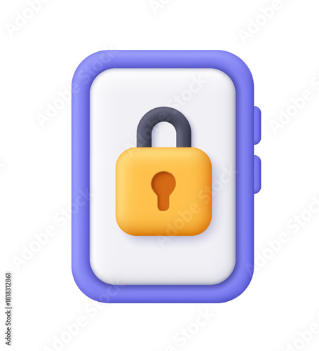 Purple smartphone with white screen and yellow padlock. Data protection, digital safety, security, encryption and privacy concept. 3d vector icon. Cartoon minimal style.