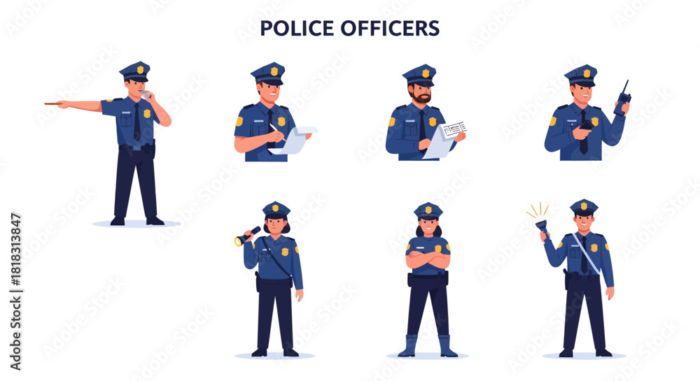 Εκτύπωση καμβά Seven police officers depicted in blue uniforms in various poses against a white